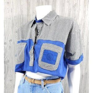 90s Streetwear Top Blue Vintage Sweatshirt Gingham 80s Retro Sport